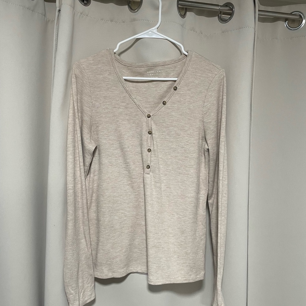 Women's Beige Long Sleeve Top with Button Detail